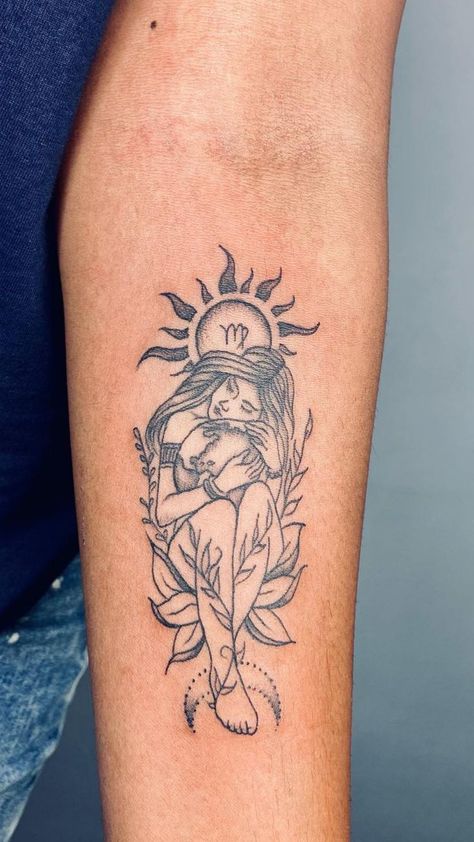 Elegant Virgo tattoo design featuring a woman cradling the Virgo zodiac symbol with the sun's rays behind her, wrapped in foliage - a serene tattoo choice for Virgo women. Virgo Women Tattoo, Feminine Back Tattoos, Virgo Tattoo Designs, Diy Tattoo Permanent, Astrology Tattoo, Tattoo Spots, Feminine Tattoo Sleeves, Virgo Tattoo, Taurus Tattoos