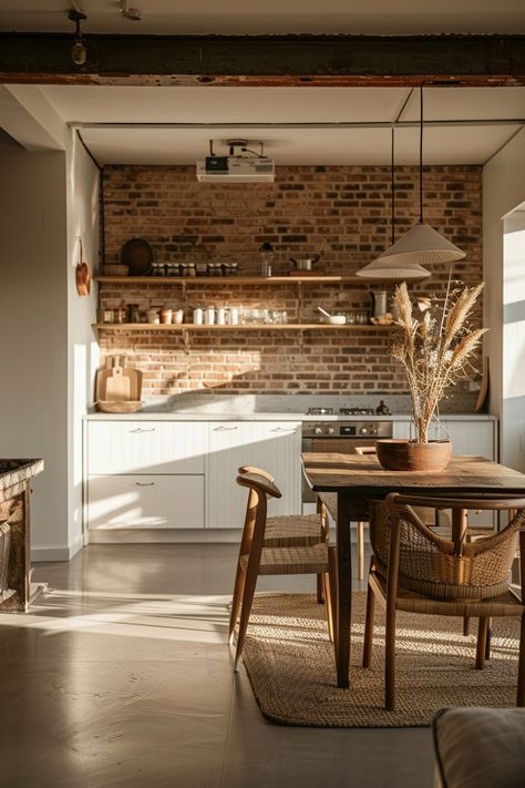 Add Character with a Brick Backsplash in Your Farmhouse Kitchen - Quiet Minimal White Brick Wall Kitchen, Brick Kitchen Ideas, Red Brick Kitchen, Kitchen Brick Wall, Exposed Brick Kitchen, Brick Wall Kitchen, Brick Shelves, Brick Backsplash Kitchen, Brick Cottage