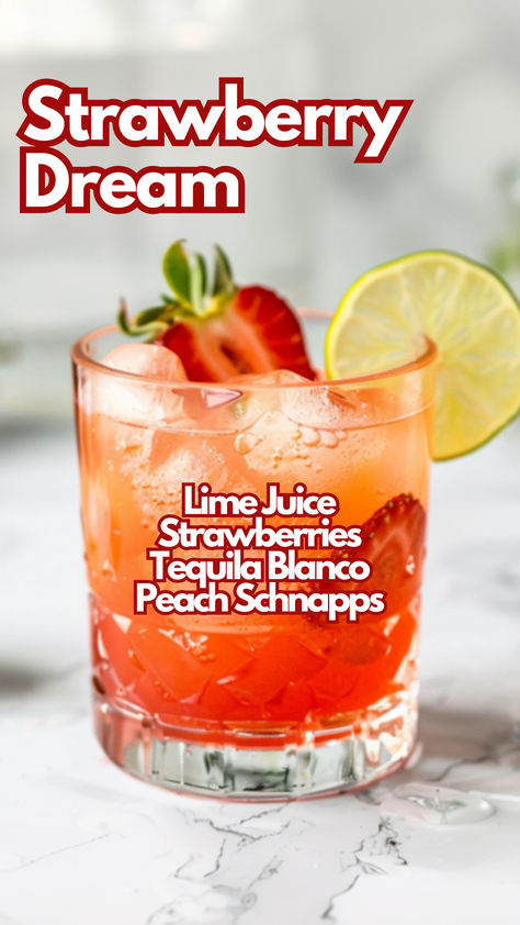 Strawberry Dream Summer Alcoholic Beverages Easy, Fruit Cocktail Drinks Recipes, Mixed Fruity Alcoholic Drinks, Tequila Fruity Drinks, Peach Moscato Drinks, 3 Ingredient Mixed Drinks, Strawberry Lime Cocktail, Tequila Wedding Drinks, Summer Fruity Alcoholic Drinks