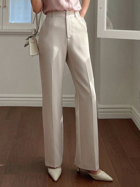 Apricot Elegant Collar  Woven Fabric Plain Flare Leg Embellished High Stretch  Women Clothing Formal Trousers Women, Business Casual Pants Women, Moda Do Momento, Shein Outfits, Casual Work Outfit, Simple Tees, Women Pants, Straight Leg Trousers, Women Pants Casual