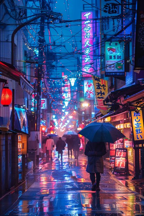 Rainy Night in Neon-Lit Tokyo Alleyway Escape Night City Rain, Tokyo Alleyway, Rain In Tokyo, Rainy Tokyo, Tokyo Rain, Marker Inspiration, Tokyo Cityscape, City Rain, Neon City