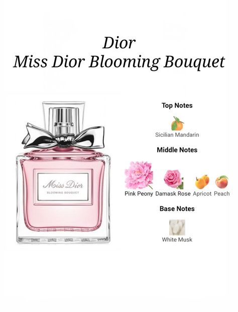 Perfume Notes For Women, Essential Oil Perfumes Recipes, Perfume Notes, Blooming Bouquet, Miss Dior Blooming Bouquet, Perfume Recipes, Popular Perfumes, Fragrances Perfume Woman, Diy Perfume