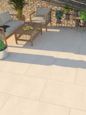 Garden Paving Ideas, Cream Patio, Modern Garden Patio, Paving Stone Patio, Outdoor Tile Patio, Garden Slabs, Porcelain Pavers, Porcelain Paving, White Patio