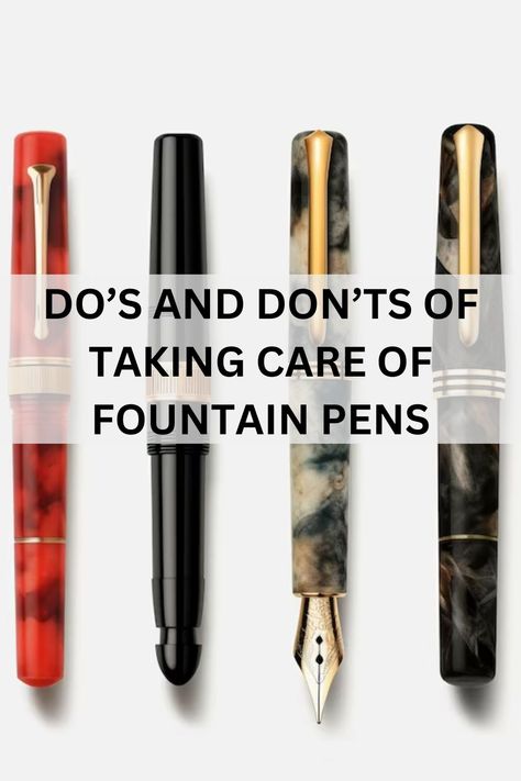 Taking care of fountain pens requires attention to detail. Do regularly clean the pen with water and mild detergent, and flush the ink to prevent clogs. Do cap the pen when not in use to prevent drying. Don't use excessive pressure; let the nib do the work. Don't lend your fountain pen to others, as it can affect the nib's alignment. Fountain Pens Aesthetic, Best Pens For Writing, Fountain Pen Writing, Resin Fountain, Fountain Pen Drawing, Best Fountain Pen, Book Diy, Stencils Printables, Ink Pens