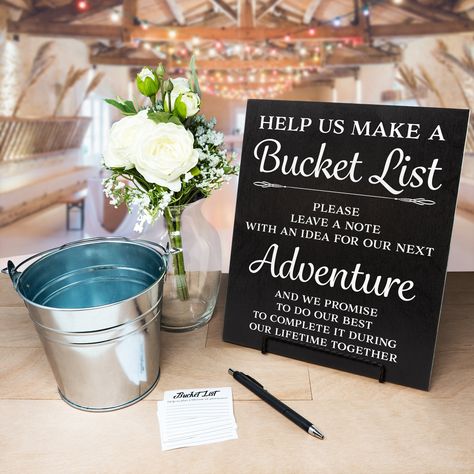 Bucket List Guest Book, Bucket List Wedding, Wedding Bucket List, Wedding Bucket, Table Decorations Wedding, Wedding Reception Signs, Signs Wedding, Reception Signs, Sign Wedding