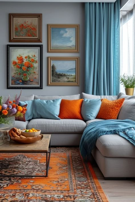 Light Blue Victorian Living Room, Colorful Minimalist Home Living Room, Colourful Minimalist Decor, Colorful Family Room, Living Room Colour Design, Blue And Orange Living Room, Colourful Living Room Decor, Living Room Orange, Living Room Decor Colors