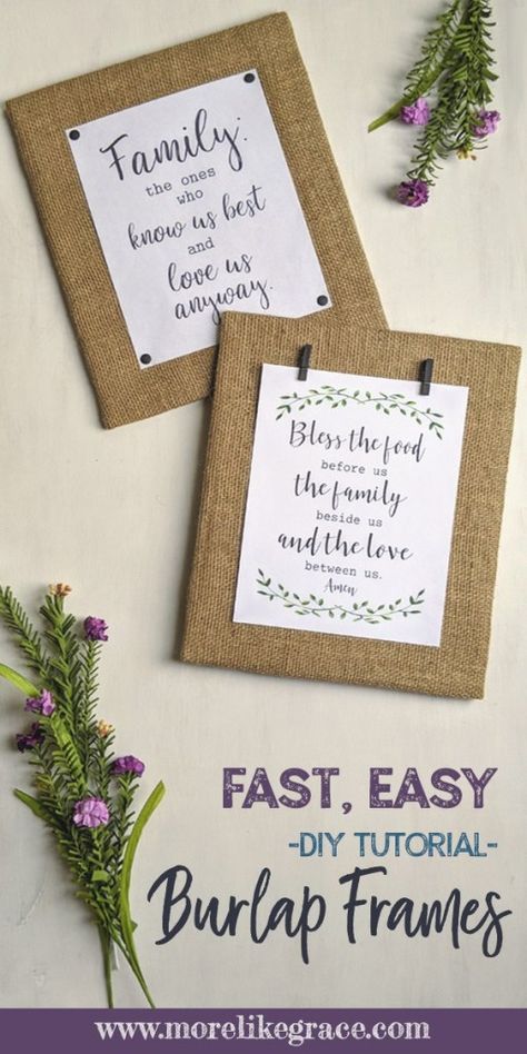 Want to add a little rustic or farmhouse touch to your decor? These burlap wrapped foam board frames do the trick! It's a super easy, quick, and inexpensive home decor craft project. Create perfect wall art for your farmhouse, beach, or rustic chic decor! Farmhouse Decor | DIY | Home Decor Crafts | Wall Art | Burlap | DIY Home Decor | DIY Signs | Wall Decor | Beach Decor | Rustic Chic Decor | Home Decor Prints | Wall Art | Picture Frame Craft #crafts  #homedecor  #diy #farmhouse #rusticdecor Burlap Pictures, Burlap Wall Decor, Burlap Diy, Thanksgiving Crafts Decorations, Easy Decorations, Fabric Covered Walls, Farmhouse Beach, Framed Burlap, Burlap Wall