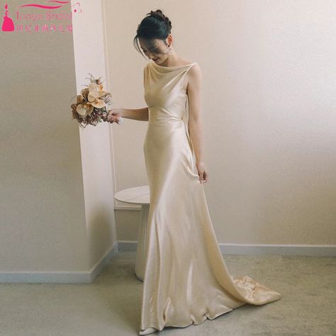 Simple Silk Satin Mermaid Wedding Dress ,Draped Back .Champagne Elegant Boho Bridal Gowns Chic  ZW1200 - AliExpress 320 Silk Wedding Dress Simple, Low Back Wedding Gowns, Satin Mermaid Wedding Dress, Satin Bridal Gowns, Boho Bridal Gowns, Silk Wedding Dress, Satin Wedding Dress, Book Writing, Boho Bridal