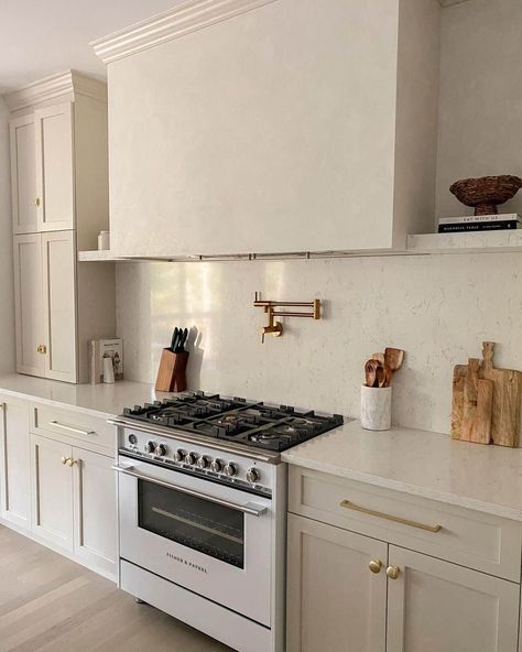 Venetian Plaster Hood and Beige Kitchen Cabinets - Soul & Lane Venetian Plaster Hood, White Crown Molding, Plaster Hood, Dwell Kitchen, Kitchen Hood Ideas, Beige Kitchen Cabinets, No Upper Cabinets, Cream Kitchen Cabinets, Kitchen Hood Design