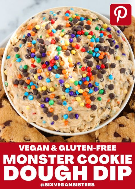 Monster Cookie Dough Dip – Six Vegan Sisters Dairy Free Dip Recipes, Dairy Free Cookie Dough, Monster Cookie Dough Dip, Six Vegan Sisters, Gluten Free Monster Cookies, Chips And Chocolate, Chocolate Chip Cookie Dough Dip, Dairy Free Chocolate Chip Cookies, Cookie Dough Dip Recipe