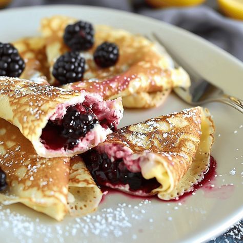 Cream Cheese Lemonade Blackberry Crepes - Recipes, Tasks & Tools Blackberry Crepes, Homemade Crepes, Crepe Pan, Lemon Pudding, Crepe Recipes, Brunch Dishes, Lemon Cream, Brunch Menu, Instant Pudding