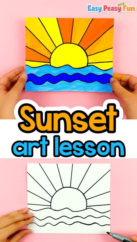 Kindergarten Art Activities, Color Art Lessons, Grade 1 Art, Colorful Art Projects, Summer Arts And Crafts, Magical Sunset, Easy Art For Kids, Drawing Lessons For Kids, 2nd Grade Art