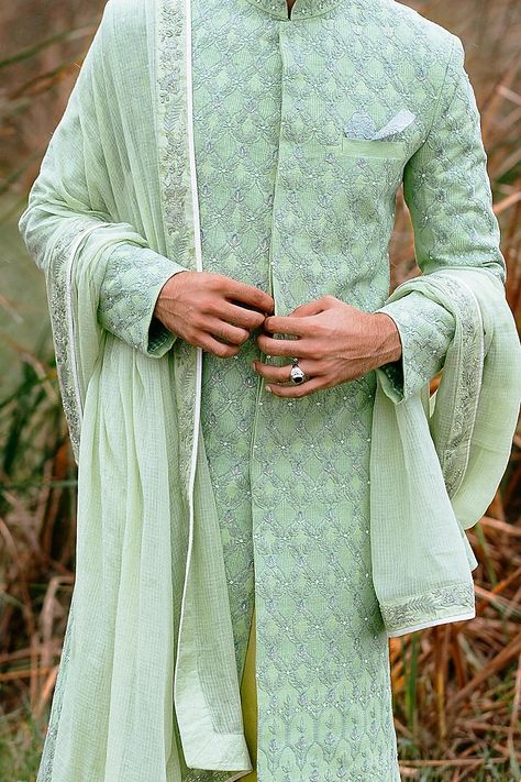 Mint Green & White Sherwani Set Design by Anushree Reddy Men at Pernia's Pop Up Shop 2022 Mens Wedding Looks, Green Indian Wedding, Engagement Dress For Men, White Sherwani, Groom Sherwani, Sherwani For Men Wedding, Wedding Kurta, Wedding Kurta For Men, Stylish Men Wear