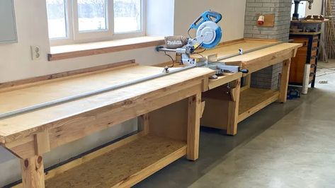 Mitersaw Station, Miter Saw Bench, Diy Miter Saw Stand, Station Video, Garage Inspiration, Miter Saw Station, Wood Bench Plans, Saw Station, Sliding Mitre Saw