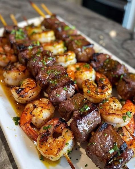 Louisiana Cajun Cooking And Recipes | Honey Mustard Surf and Turf Skewers | Facebook Surf And Turf Wedding Dinner, Best Surf And Turf Recipes, Surf And Turf Skewers, Surf And Turf Recipes, Surf N Turf Recipes, Grilled Steaks, Southern Cookbook, Louisiana Cajun, Skewer Recipes