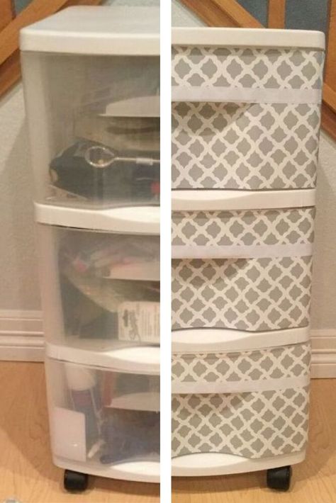 Plastic drawers are great for a budget friendly way to organize your home, but boy are they an eyesore. We love this quick plastic drawer makeover you can do under an hour. How To Make Plastic Drawers Look Nice, Repurpose Plastic Drawers, Painted Plastic Drawers, 3 Drawer Plastic Storage Makeover, Upgrade Plastic Storage Drawers, Plastic Box Decoration Ideas, Plastic Dresser Makeover, Sterilite Drawers Makeover, Plastic Storage Drawers Makeover