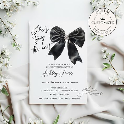 Black Bow She's Tying The Knot Personalized Bridal Shower Coquette Invitation Black Coquette, Coquette Black, Knot Bow, Diy Templates, Tying The Knot, Invitation Baby Shower, Coquette Bow, Personalized Invitations, Printed Invitations