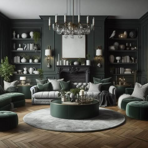 Dark Green Living Room Deep Green Built Ins, Emerald Green Moody Living Room, Green Walls Grey Couch, Black Gold And Green Living Room, Green Walls With White Trim, Green Great Room, Dark Green Built Ins, Dark Green Walls Living Room, Black And Green Living Room Ideas