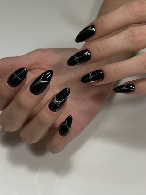 Black Soft Gel Nails, Gothic Minimalist Nails, Black Nails Chrome Design, Black Aura Nails Almond, Dark Nails With Gems, Normal Nails Design, Simple Dark Nail Designs, Nail Inspo School, Black Nails Y2k