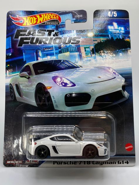 "Hot Wheels Premium Fast & Furious series 4/5 1:64 scale Porsche 718 Cayman GT4 - White This detailed model from the Hot Wheels Fast & Furious line features a die-cast metal/metal body and chassis with Real Riders tires. Attractively packaged on a blister card. Will arrive in 8\" x 6.5\" Sterling Blister card protector case" 718 Cayman Gt4, Srt Demon, Porsche 718 Cayman, Cayman S, Cayman Gt4, Challenger Srt, Dodge Challenger Srt, Fast Furious, Dodge Challenger