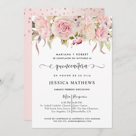 Spanish Elegant Pink, Blush, Rose Gold Quinceañera Invitation Quince Invitations Blush Pink, Rose Gold 15 Invitations, Blush Pink Quinceanera Invitations, Quinceanera Invitations In Spanish, Quinceanera Invitations Ideas, Blush Pink Quinceanera, Invitation Quince, Quinceñera Invitations, Gold Quinceanera