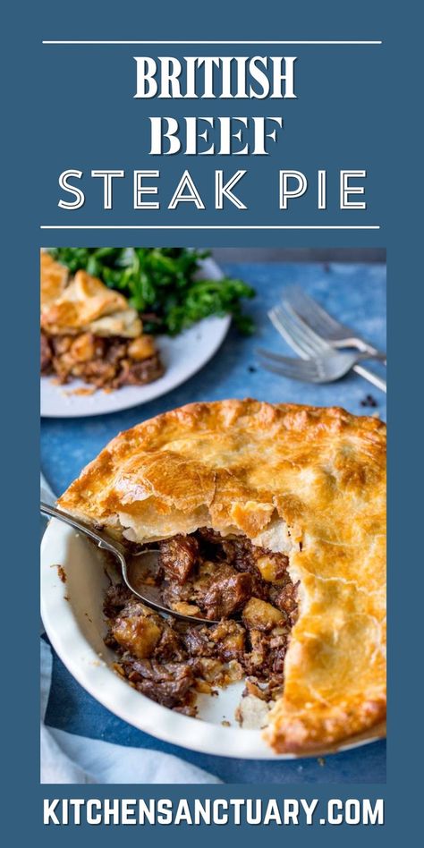 Indulge in the comforting warmth of a classic British Beef Steak Pie. This hearty dish features tender braising beef, flavorful onions, and potatoes enveloped in a golden, flaky pastry. Slow-cooked to perfection and finished in a crispy crust, each bite offers a rich blend of savory goodness. Perfect for family dinners or cozy gatherings, it’s a true culinary delight. Steak And Liver Pie, Individual Steak Pies, Scottish Beef Pie, Steak And Ale Pie Recipe, Steak And Onion Pie Recipe, Steak Pot Pie Recipe, Steak And Kidney Pie Recipe British, Individual Beef Pot Pies, Steak And Onion Pie