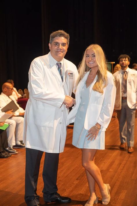 White coat ceremony outfit! White Coat Ceremony Outfit Medical, Nhs Induction Ceremony Outfit, White Coat Ceremony Outfit, Grad School Outfit, Ceremony Outfit, White Coat Ceremony, Grad School, White Coat, V Neck Dress