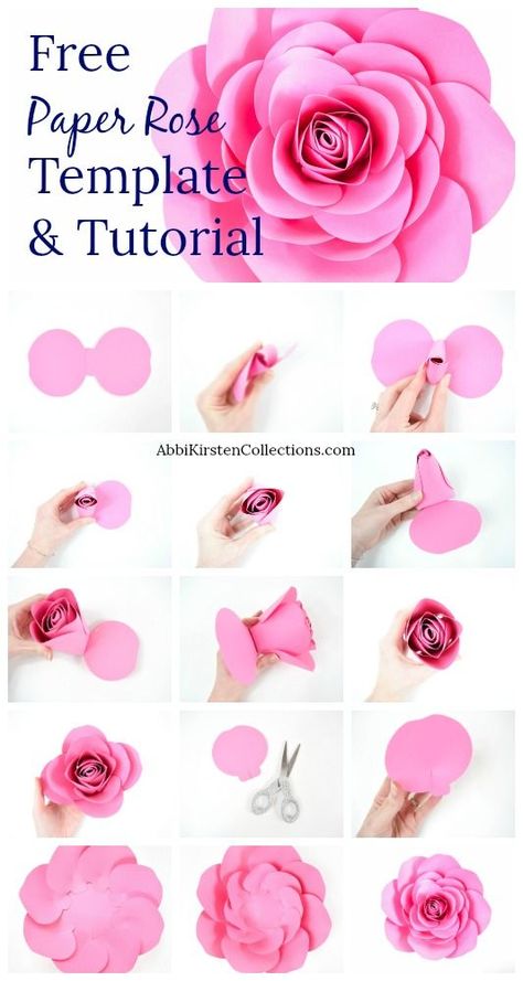 Creating your own paper roses is easy with these free large rose templates and step by step tutorial. Paper roses are perfect nursery, wedding, baby shower or home decor. Download you free printable templates here or use the paper flower svg cut files. Make Paper Roses, Free Paper Flower Templates, Paper Roses Diy, Paper Rose Template, Rose Template, Paper Flowers Diy Easy, Make Paper Flowers, Fleurs Diy, Folding Origami