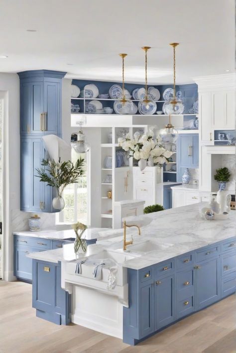 1. Blue and white cabinets
2. Stunning design
3. 2024 inspiration
4. Marvelous kitchen remodel Kitchen Decor Blue And White, Home Classic Design, Blue And White House Decor, Blue And Gold Kitchen Decor, French Blue Kitchen Cabinets, White And Blue Kitchen Ideas, White And Blue Kitchen Decor, Blue House Aesthetic, Blue And White Interior Design