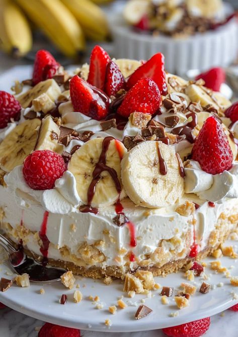 Indulge in this Heavenly No-Bake Banana Split Cheesecake! Creamy, fruity, and easy—perfect for summer treats. No oven needed! 🍌🍰 #DessertIdeas #NoBake #BananaSplit #Cheesecake #EasyRecipes Heavenly No Bake Banana Split Cheesecake, Banana Split Aesthetic, Banana Split Cheesecake, Jasmine Rice Recipes, Carrot Cake With Pineapple, Bake Banana, Chicken Penne, How To Make Cheesecake, Daily Recipes