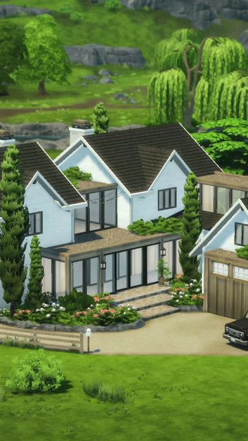 Sims 4 Builder on Instagram: "Modern Farmhouse (No CC) | Speedbuild on YouTube (link in bio) 🌳" Sims 4 Modern Ranch House, Sims 4 Modern Ranch, Modern Farmhouse Sims 4, Sims 4 Ranch Style House, Sims 4 Country House, Sims Farmhouse, Sims 4 Modern Farmhouse, Sims 4 Cc Farmhouse, Sims 4 Ranch Cc