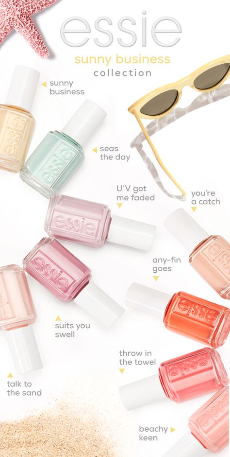 sun-wash your cares away this summer wearing the latest range of essie nail polishes inspired by 1980s surf culture and sun-bleached beach scenes. the new essie sunny business collection brings the heat with creamy, sorbet-colored pastels that add a subtle or striking wash of color to fingertips and toes. Business Nails, Nail Fungus Remedy, 4th Of July Nails, July Nails, Essie Nail Polish, Nail Fungus, Nail Health, Essie Nail, Nail Polish Collection