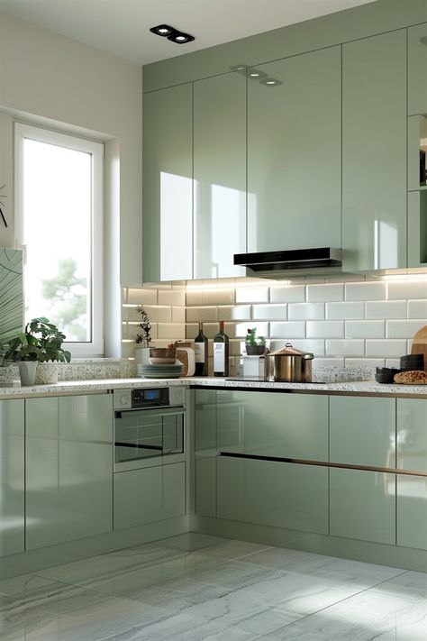 54 Inspiring Ideas for a Tranquil Sage Green Kitchen - DecorWithEva Creative Kitchen Backsplash, Light Green Kitchen, Kitchen Unit Designs, Mint Green Kitchen, Green Kitchen Designs, Sage Green Kitchen, Green Kitchen Cabinets, Modern Kitchen Cabinet Design, Sleek Kitchen