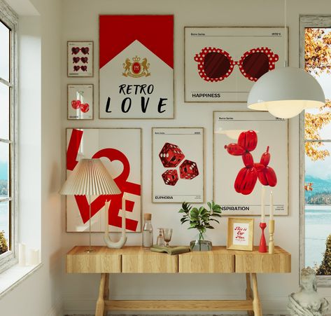 Gallery Wall Art Set of 8 Print - Red Retro Wall Art - Trendy Art Prints - Love Poster Gifts for Her - Aesthetic Girly Apartment Decor Pink And Red Gallery Wall, 3 Piece Art Set, Red Home Aesthetic, Red Gallery Wall, Red Decor Aesthetic, Red House Decor, Wall Deco Aesthetic, Red Dorm Room Ideas, Red Art Aesthetic