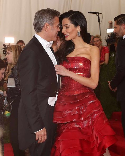 Amal Clooney George Clooney, Red Gown Dress, Amal Clooney Style, Amal Alamuddin, Met Gala Red Carpet, Christian Dior Haute Couture, Amal Clooney, Gorgeous Couple, Red Gowns