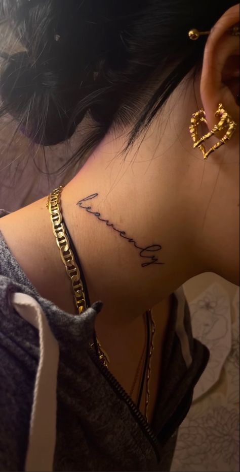 Neck Tattoos Women Side, Neck Tats Women, Cursive Neck Tattoo, Throat Tattoos Women, Side Neck Tattoos Women, Small Neck Tattoo, Word Neck Tattoos, Tattoos Wings, Name Tattoos On Neck