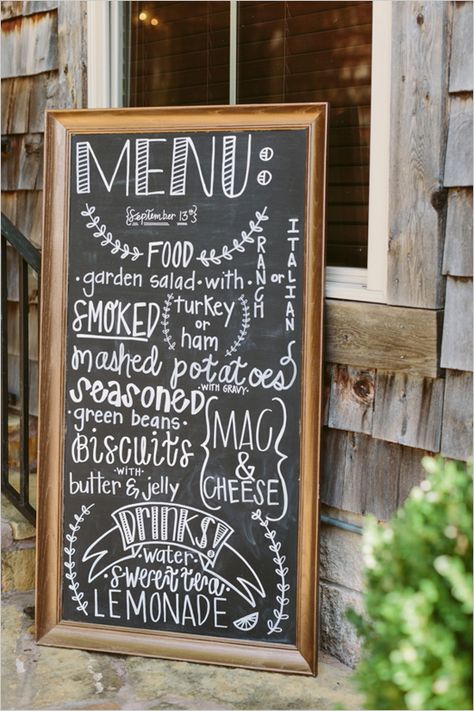 chalkboard menu @weddingchicks Wedding Menu Chalkboard, Papan Tulis Kapur, Wedding Catering Menu, Arkansas Wedding Venues, Diy Wedding Menu, Food Truck Wedding, Food Truck Menu, Chalkboard Lettering, Chalk Lettering