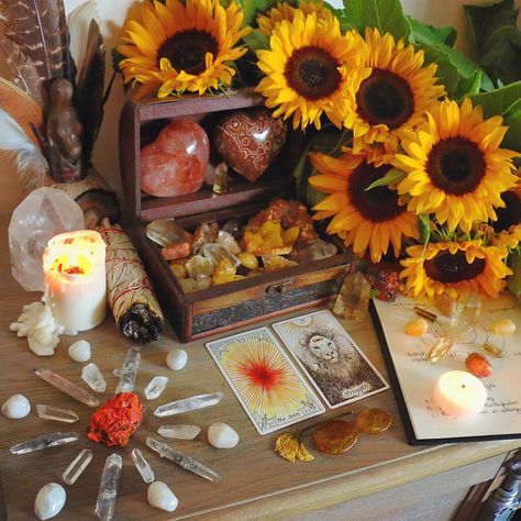 A full view of my sacred meditation altar at this moment #manipura… Bookshelf Altar, Lughnasadh Altar, Witches Crystals, Altar Setup, Cleansing Sage, Witchcraft Tarot, Sacred Space Altar, Wild Unknown Tarot, Vibrate Higher