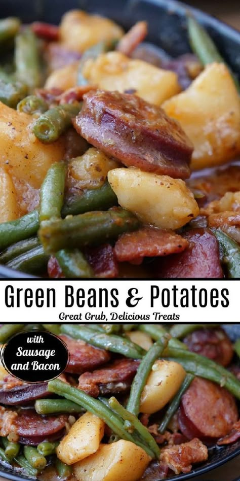 A double collage photo of green beans, potatoes, kielbasa sausage and bacon in a black bowl. Ww Instant Pot Recipes, Instant Pot Smoked Sausage, Sausage Potatoes Green Beans, Kielbasa Potatoes, Smoked Sausage And Potatoes, Sausage And Green Beans, Green Beans Potatoes, Instant Meals, Kielbasa And Potatoes