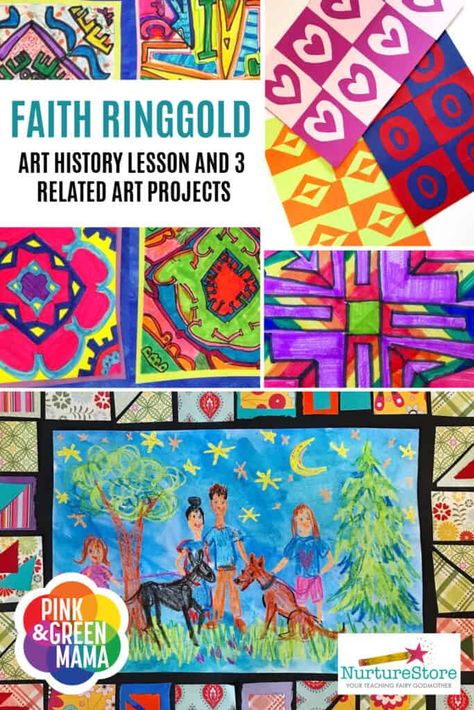 Faith Ringgold Art Project, Faith Ringgold Story Quilt Art Lesson, Black Artist Lessons For Kids, African American Artists For Kids, Women’s History Month Art Projects, Women Artists For Kids, Black Artists For Kids, Faith Ringgold Art Lesson, Bhm Art