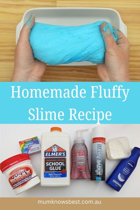 Homemade fluffy slime recipe by Mum Knows Best. Slime Recipe With Shaving Cream, Shaving Cream Slime, Slime With Borax, Slime At Home, Make Your Own Slime, Homemade Shaving Cream, Homemade Slime Recipe, Fluffy Slime Recipe, Making Fluffy Slime