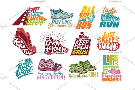 Run lettering on running shoes vector sneakers or trainers with text signs for typography illustration set of runners inscriptions run for fun isolated on white background by KitVector on @creativemarket Fun Run Logo Ideas, Gym Mural, Marathon Logo, Shoes Vector, Running Logo, On Running Shoes, Typography Illustration, Shoes Illustration, Mural Ideas