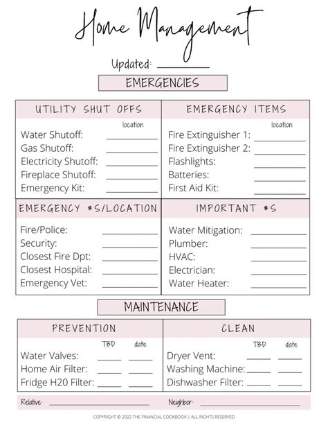 Free Home Management Printables You Need for Emergencies and Maintenance - The Financial Cookbook, LLC Life Management Binder Printables Free, Binder Printables Free, Dishwasher Filter, Home Organization Binders, Household Binder, Home Maintenance Checklist, Home Binder, Kdp Interior, Household Management