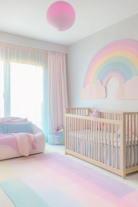 pastel rainbow nursery Carebear Nursery Ideas, Pastel Rainbow Room Kids Girl Bedrooms, Pastel Nursery Girl, Pastel Rainbow Girls Room, Nursery With Clouds, Rainbow Room Ideas, Sun Themed Nursery, Baby Girl Nursery Rainbow, Rainbow Room Kids Girl Bedrooms