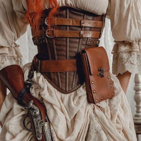 woman wearing a small steampunk bag Modern Steampunk Fashion Women, Alchemist Clothes, Steampunk Apron, Steampunk Dystopia, Steampunk Carnival, Steampunk Cottagecore, Modern Steampunk Fashion, Victorian Steampunk Aesthetic, Time Traveler Outfit