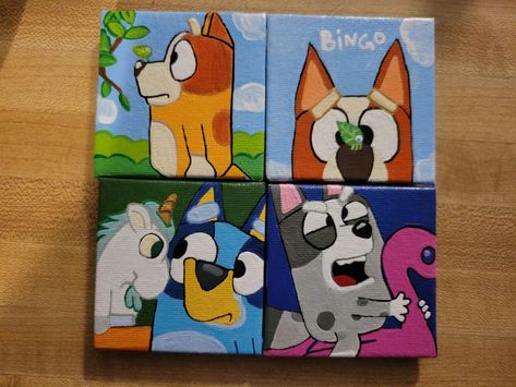 Bluey, Bingo, Muffin Heeler Bluey Cartoon Painting, Bluey Painting Ideas On Canvas, Bluey Canvas Painting, Bluey Painting Ideas, Bluey Painting, Bluey Drawings, Market Painting, Cartoon Paintings, Kids Canvas Painting