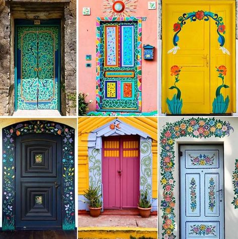 Outside Door Painting Ideas, Flowers Painted On Door, Folk Painted Door, Door Painting Ideas Bedroom Aesthetic Easy, Cool Painted Doors, Front Door Mural, Cute Door Painting Ideas, Door Design Painting Ideas, Painted Door Frames