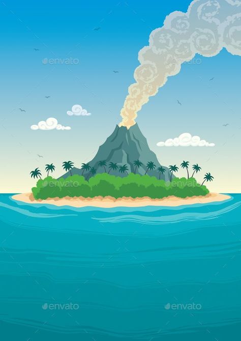 Tropical island with smoking volcano. Tropical Island Illustration, Tropical Island Drawing, Volcano Illustration, Volcano Drawing, Volcano Wallpaper, Island Drawing, Dinosaur Mural, Island Illustration, Collage Landscape