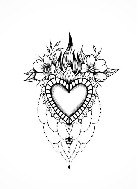 Heart Tattoo Sleeve Ideas, Heart Chandelier Tattoo, Heart Mandala Tattoo Design, Heart Throat Tattoos Women, Henna Heart Tattoo, Forearm Heart Tattoo Women, Boho Heart Tattoo, Sacred Heart Sternum Tattoo, Heart Tattoo Cover Up