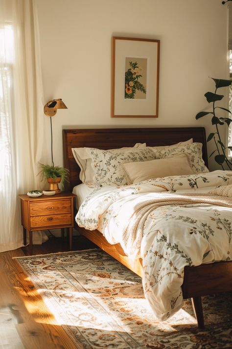 Cozy Bedroom Ideas Rental, Natural Texture Bedroom, Natural Color Room Bedrooms, Farmhemian Bedroom, Dark Floor Bedroom, Beach Cottage Bedroom Ideas, Bedroom Airy, Detroit Apartment, Airy Curtains